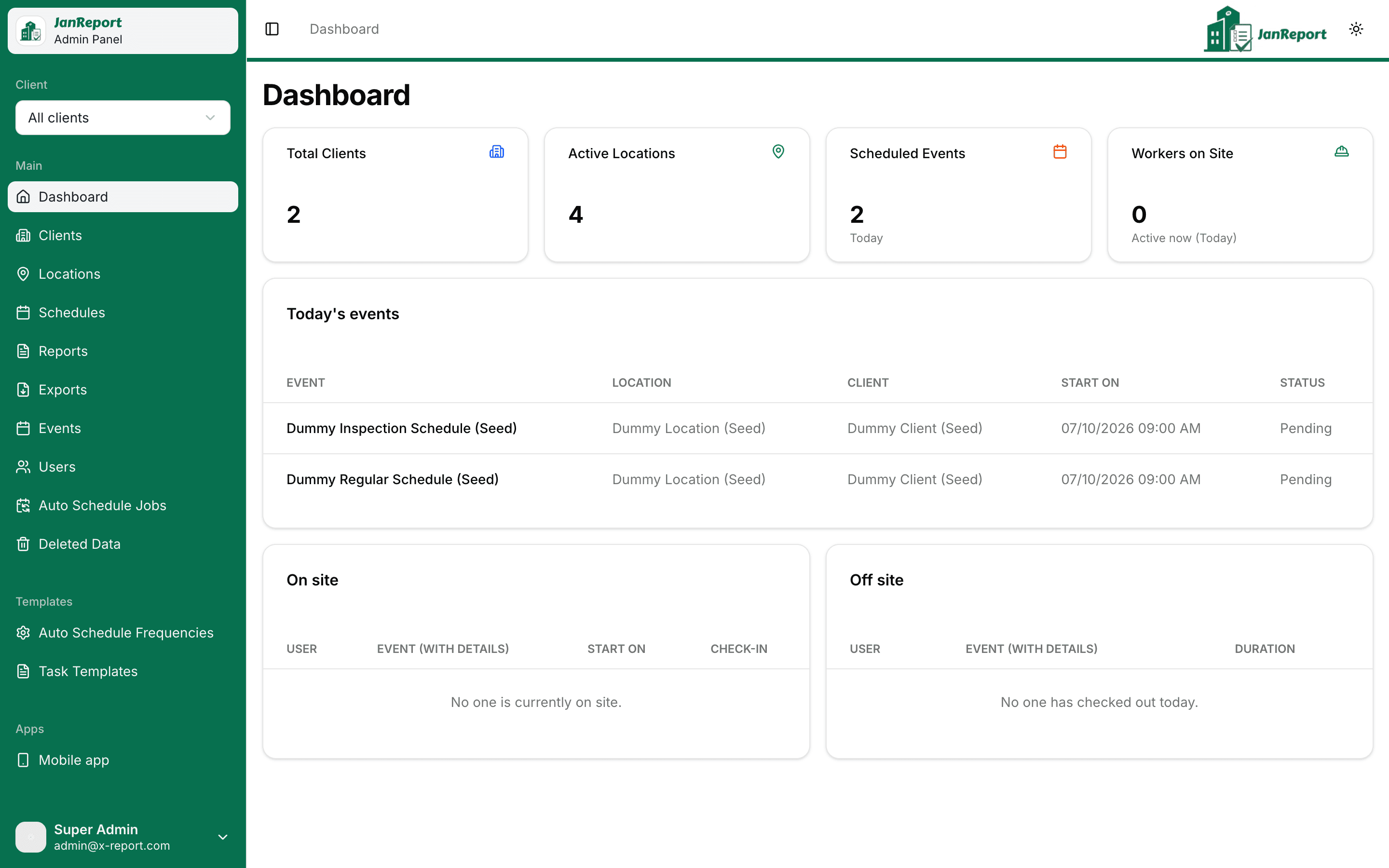 JanReport admin dashboard